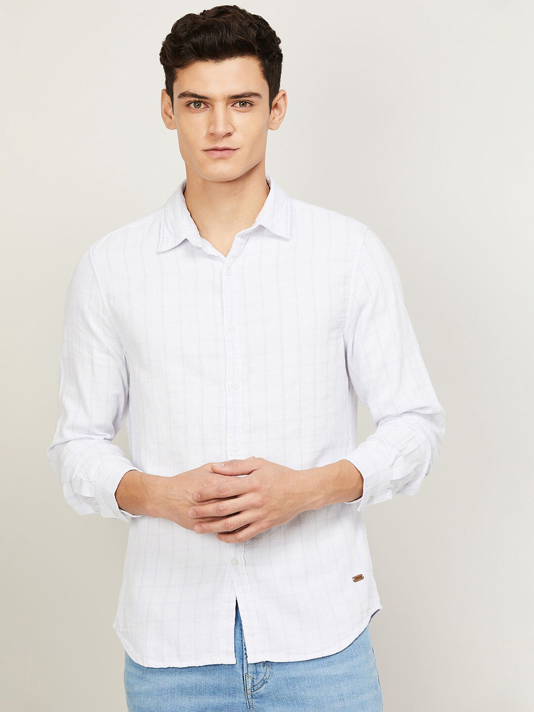 

Fame Forever by Lifestyle Men White Grid Tattersall Checks Checked Casual Shirt