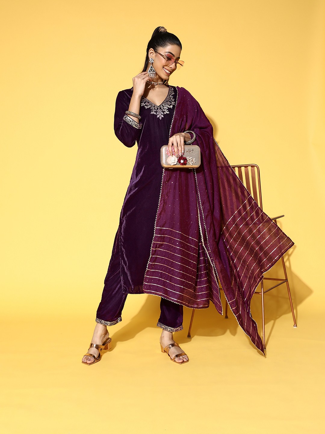 

Sunehri Ethnic Motifs Velvet Kurta with Trousers & Dupatta, Purple