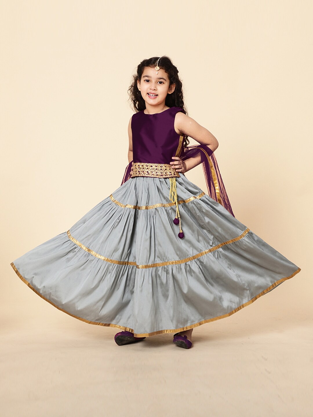 

A T U N Girls Purple & Grey Embellished Ready to Wear Lehenga & Blouse With Dupatta