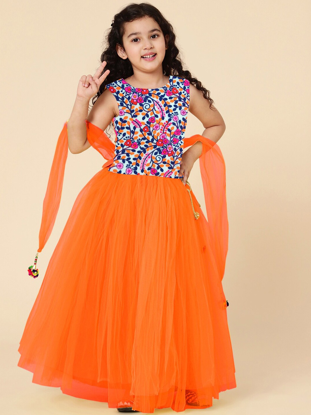 

A T U N Girls Orange & Navy Blue Printed Ready to Wear Lehenga Choli With Dupatta