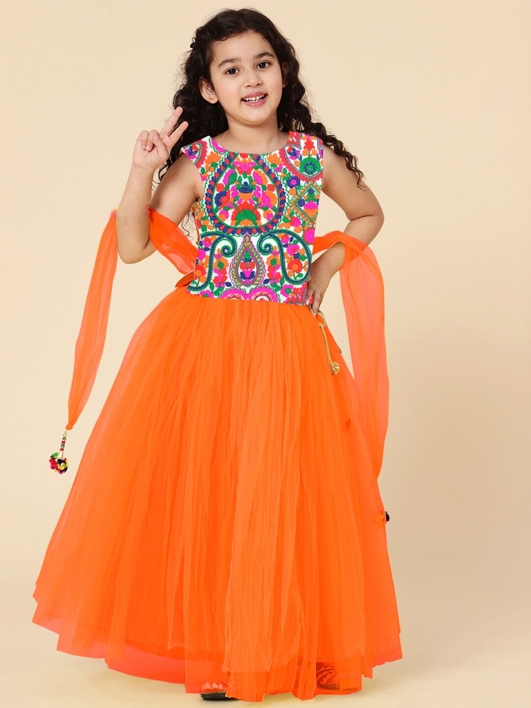 

A T U N Girls Orange & Green Embroidered Ready to Wear Lehenga Choli