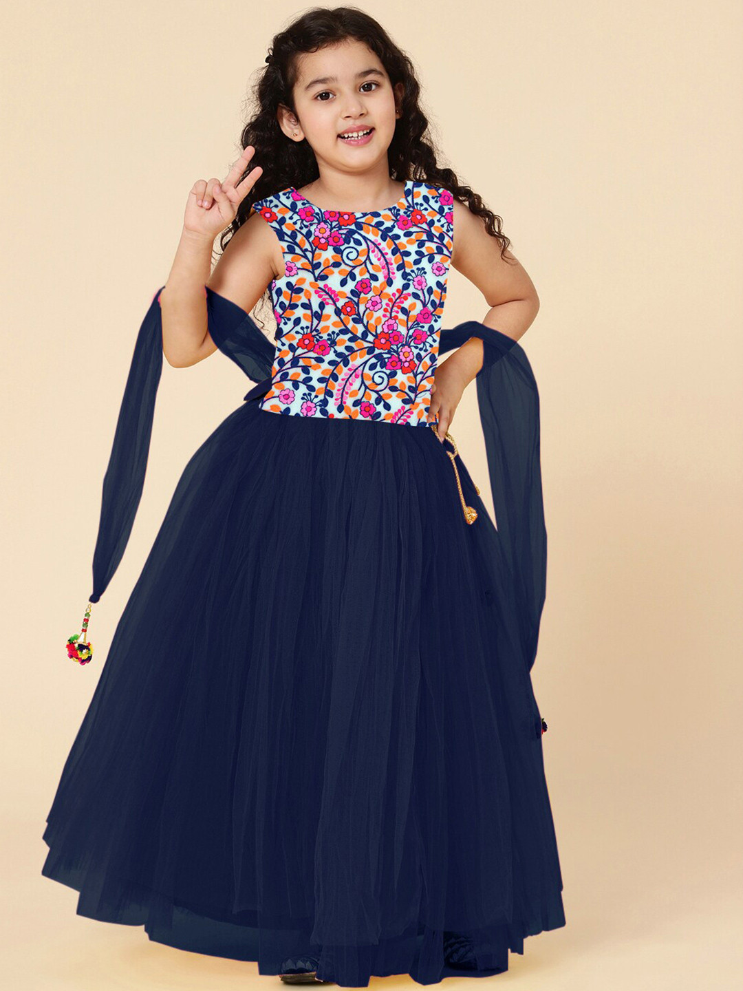 

A T U N Girls Navy Blue & White Embroidered Ready to Wear Lehenga & Blouse With Dupatta