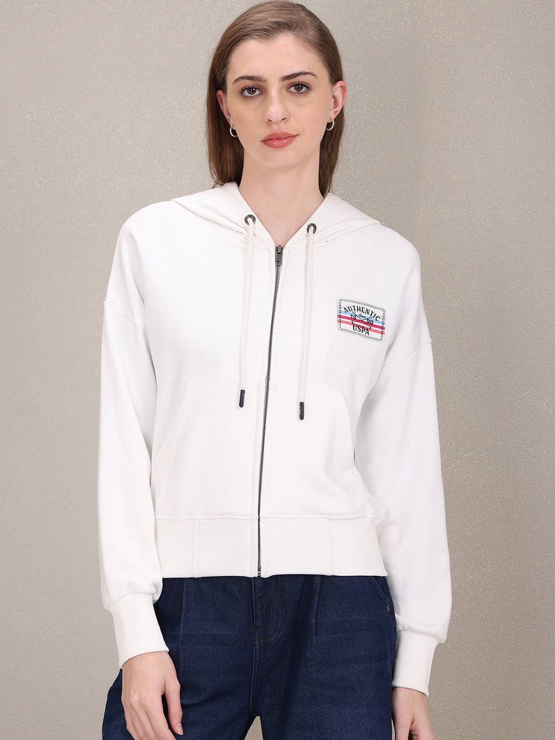 

U.S. Polo Assn. Women White Solid Hooded Front-Open Sweatshirt