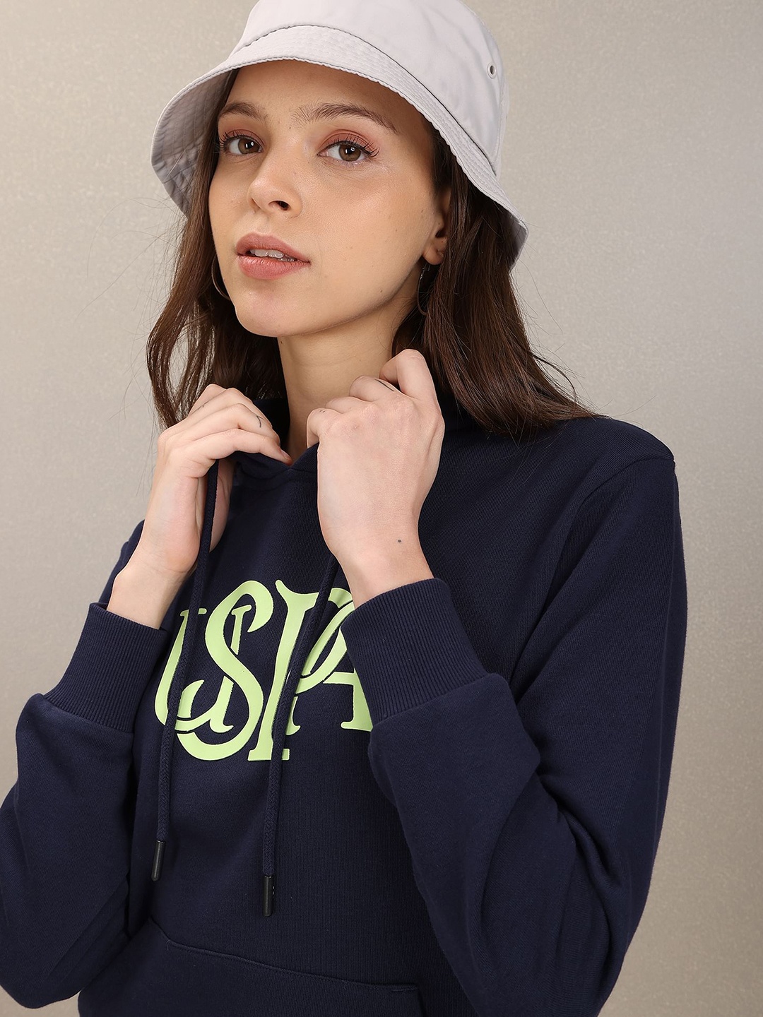 

U.S. Polo Assn. Women Navy Blue Brand Logo Printed Hooded Sweatshirt