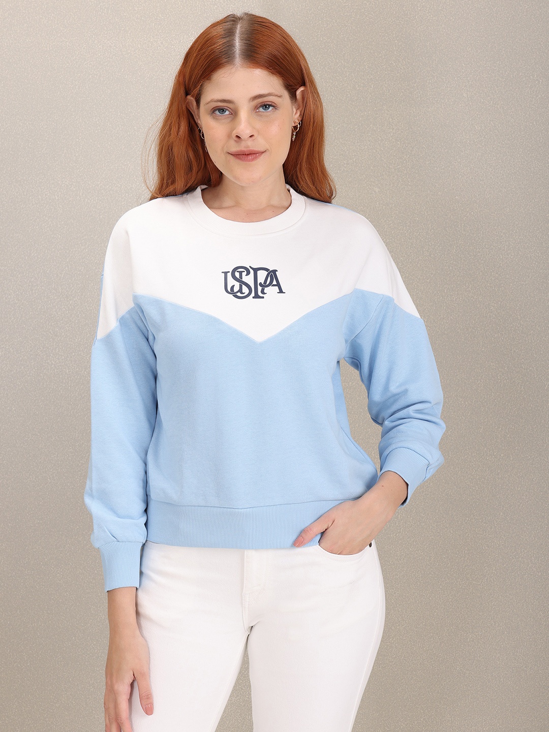 

U S Polo Assn Women Women Blue & White Colourblocked Sweatshirt