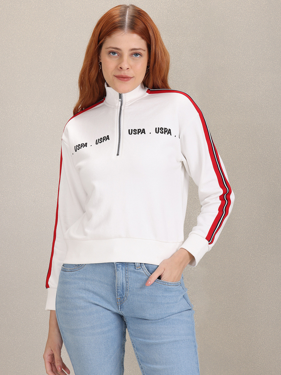 

U S Polo Assn Women Women White & Red Brand Logo Print Sweatshirt