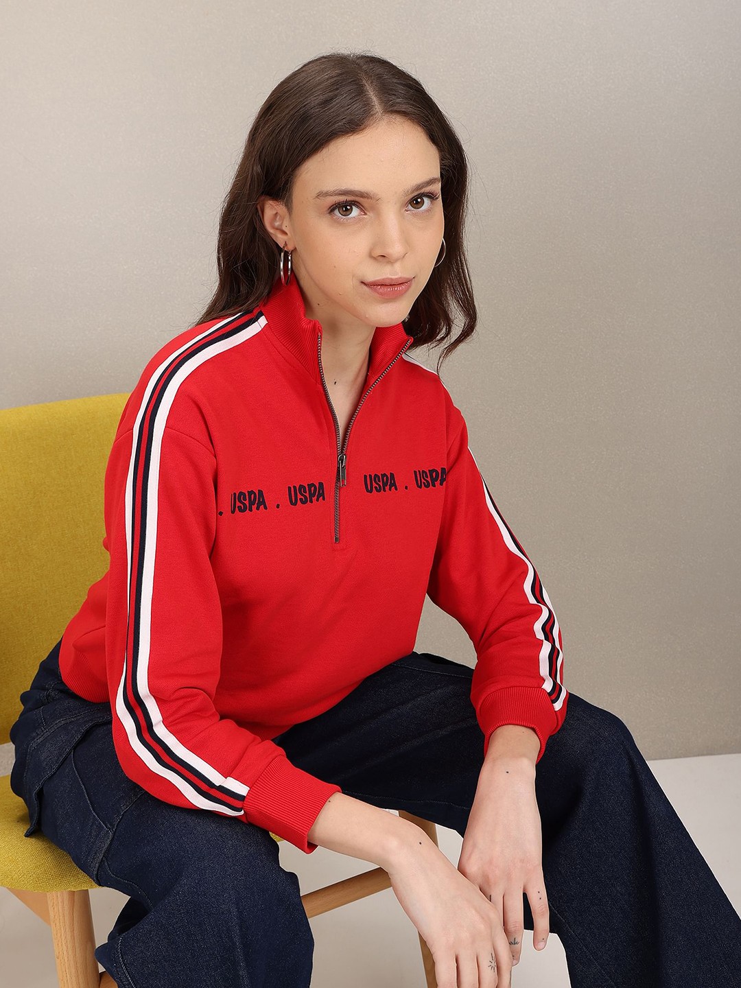 

U.S. Polo Assn. Women Red Brand Logo Printed Half Zipper Sweatshirt With Stripes Detail