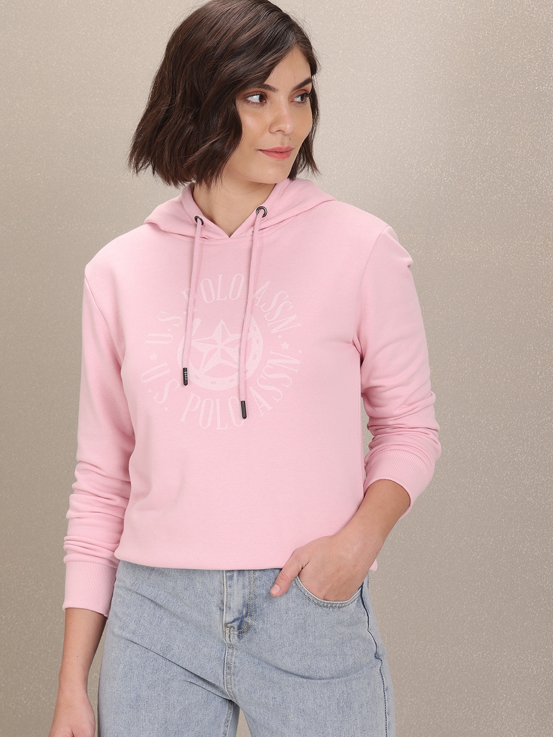 

U S Polo Assn Women Women Pink Printed Hooded Sweatshirt