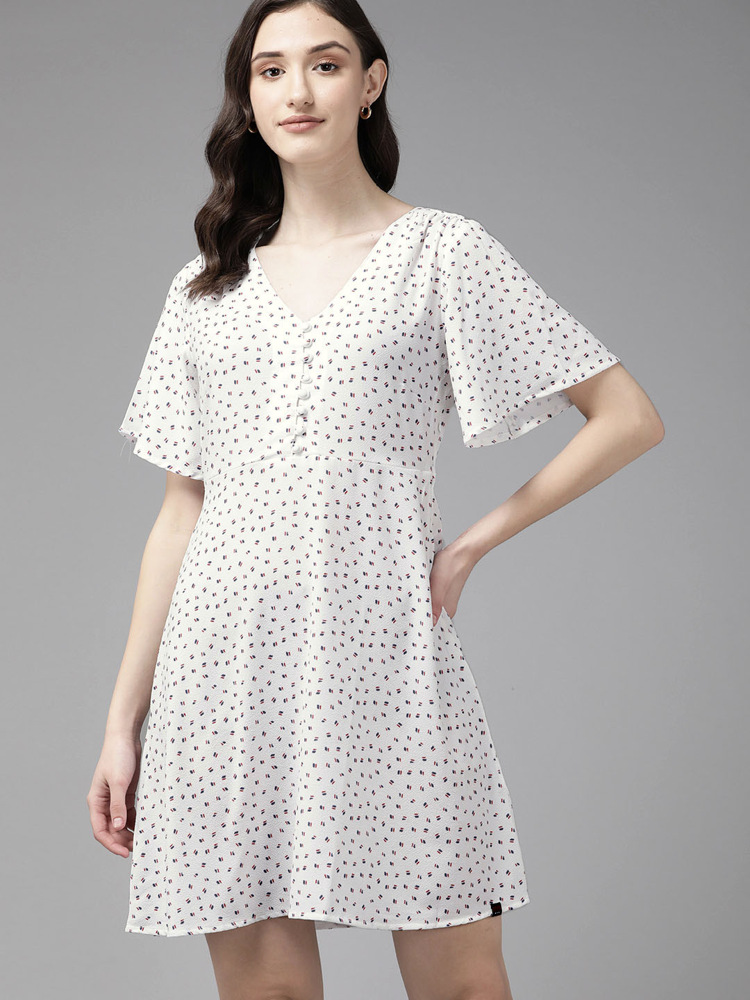 

U S Polo Assn Women White & Red Geometric Printed A-Line Dress