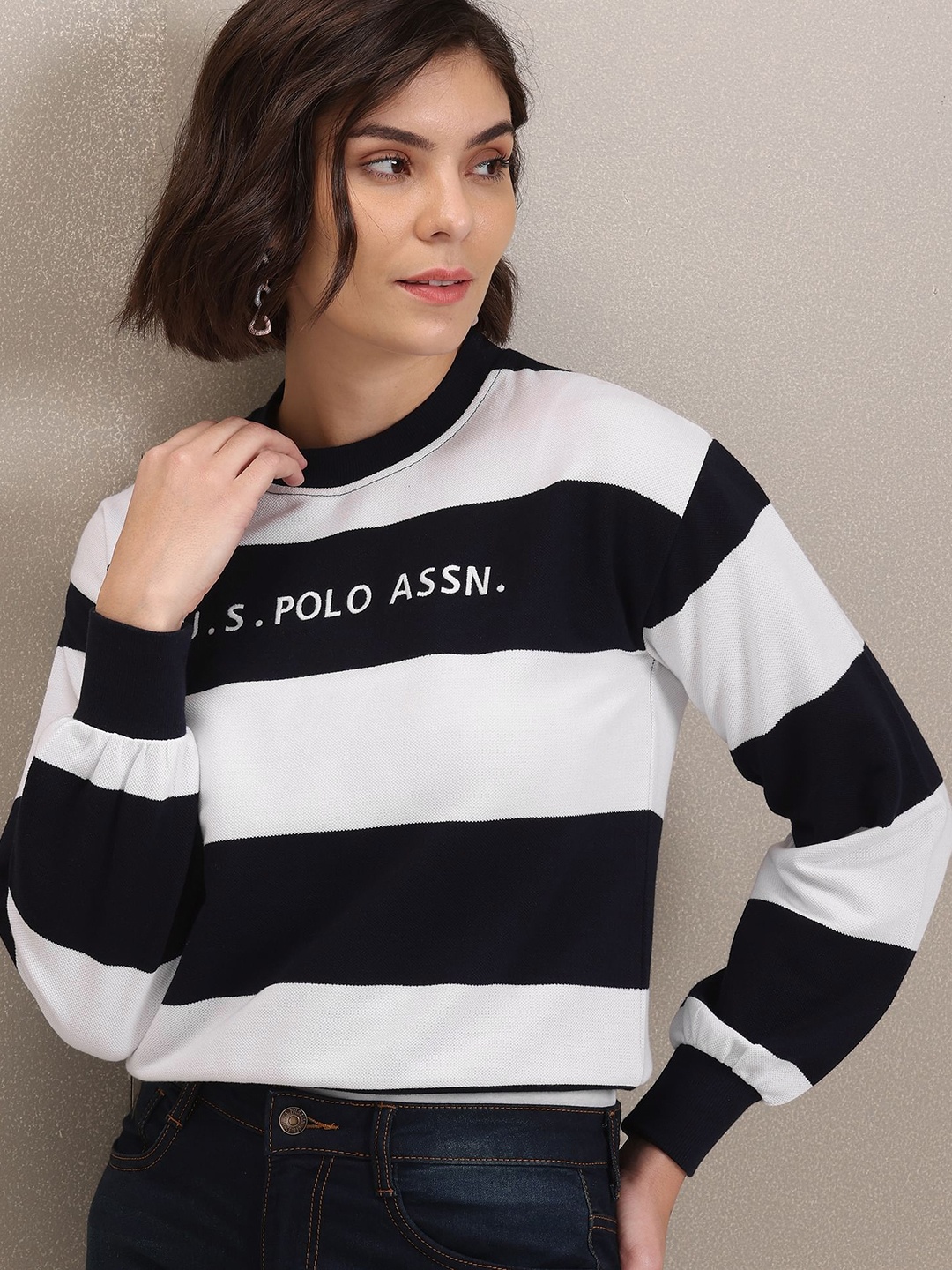 U.S. Polo Assn. Women White & Navy Blue Striped Brand Logo Detail Sweatshirt