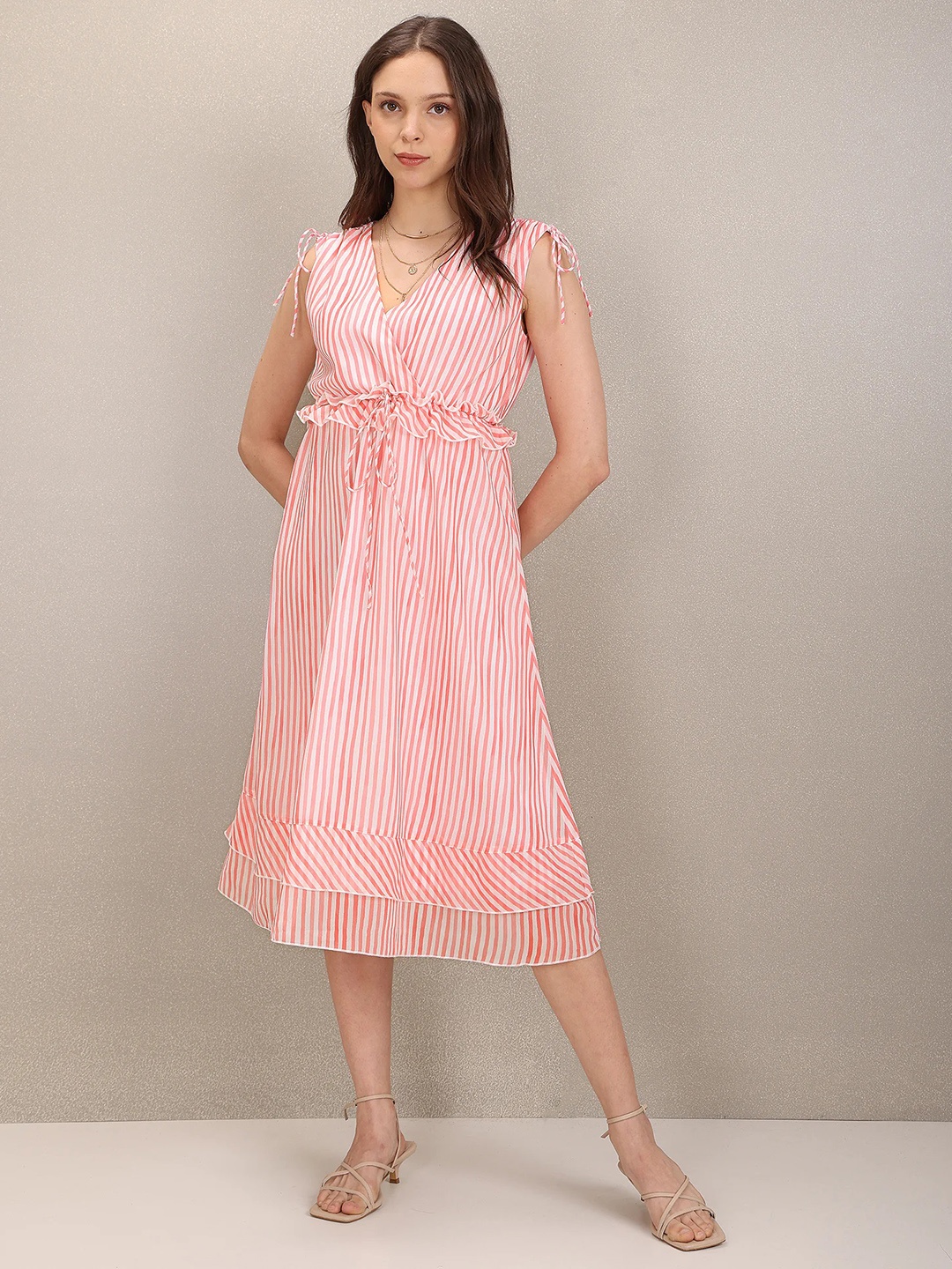 

U S Polo Assn Women White & Pink Striped Georgette A-Line Dress With Ruffles