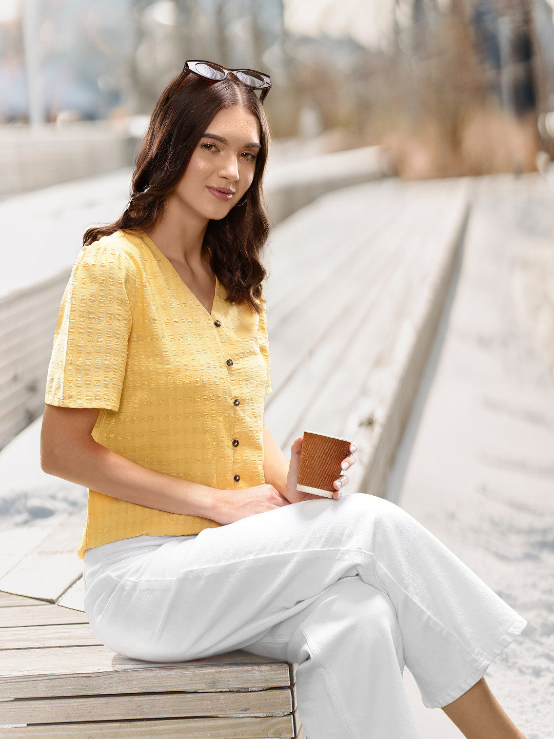 

U S Polo Assn Women Yellow Seersucker Shirt Style Top