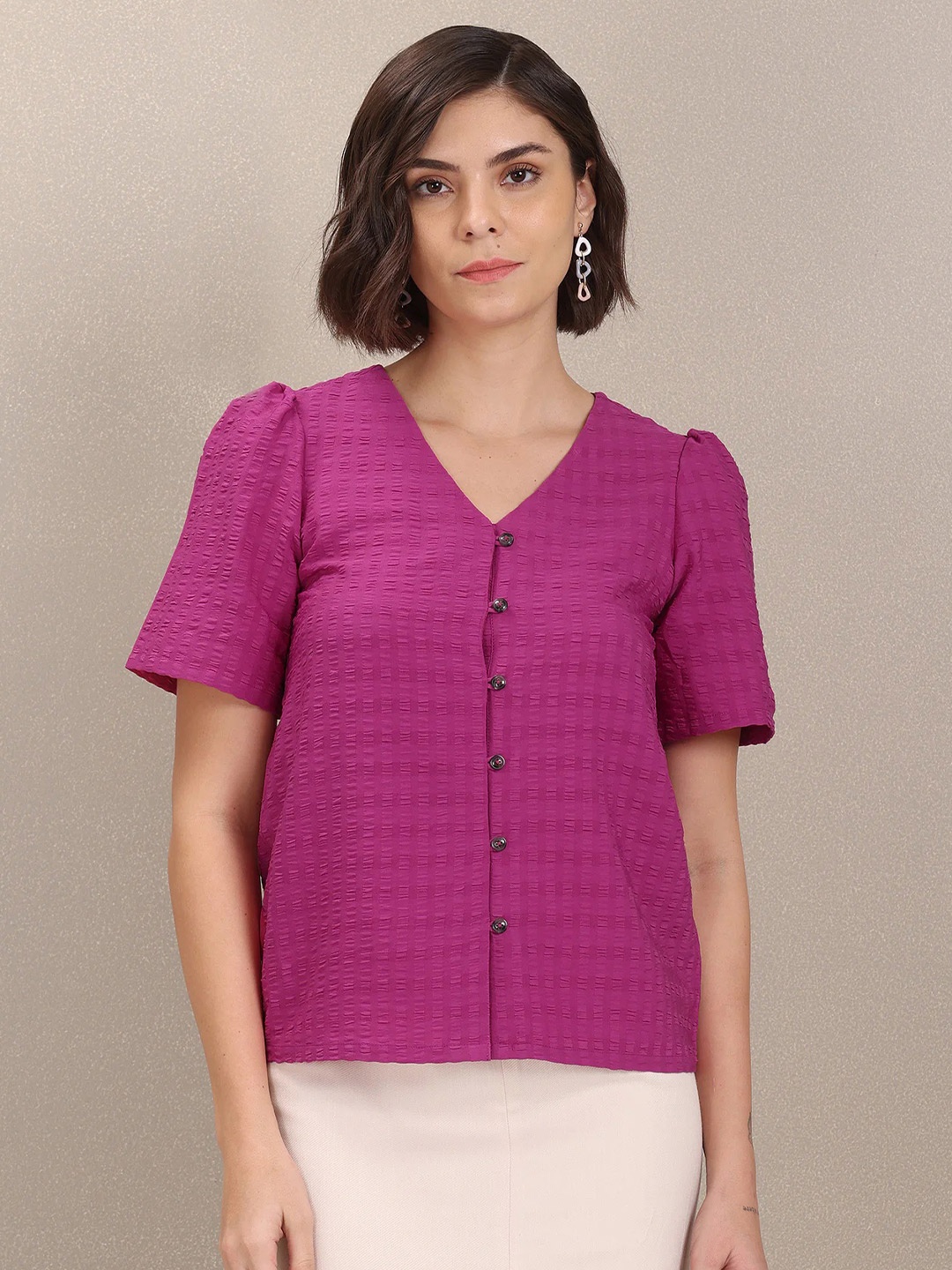 

U S Polo Assn Women Fuchsia Pink Seersucker Shirt Style Top