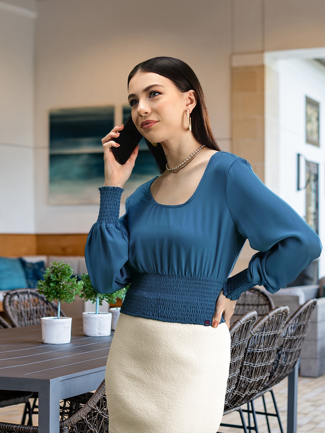 

U S Polo Assn Women Blue Solid Smocked Detail Blouson Top