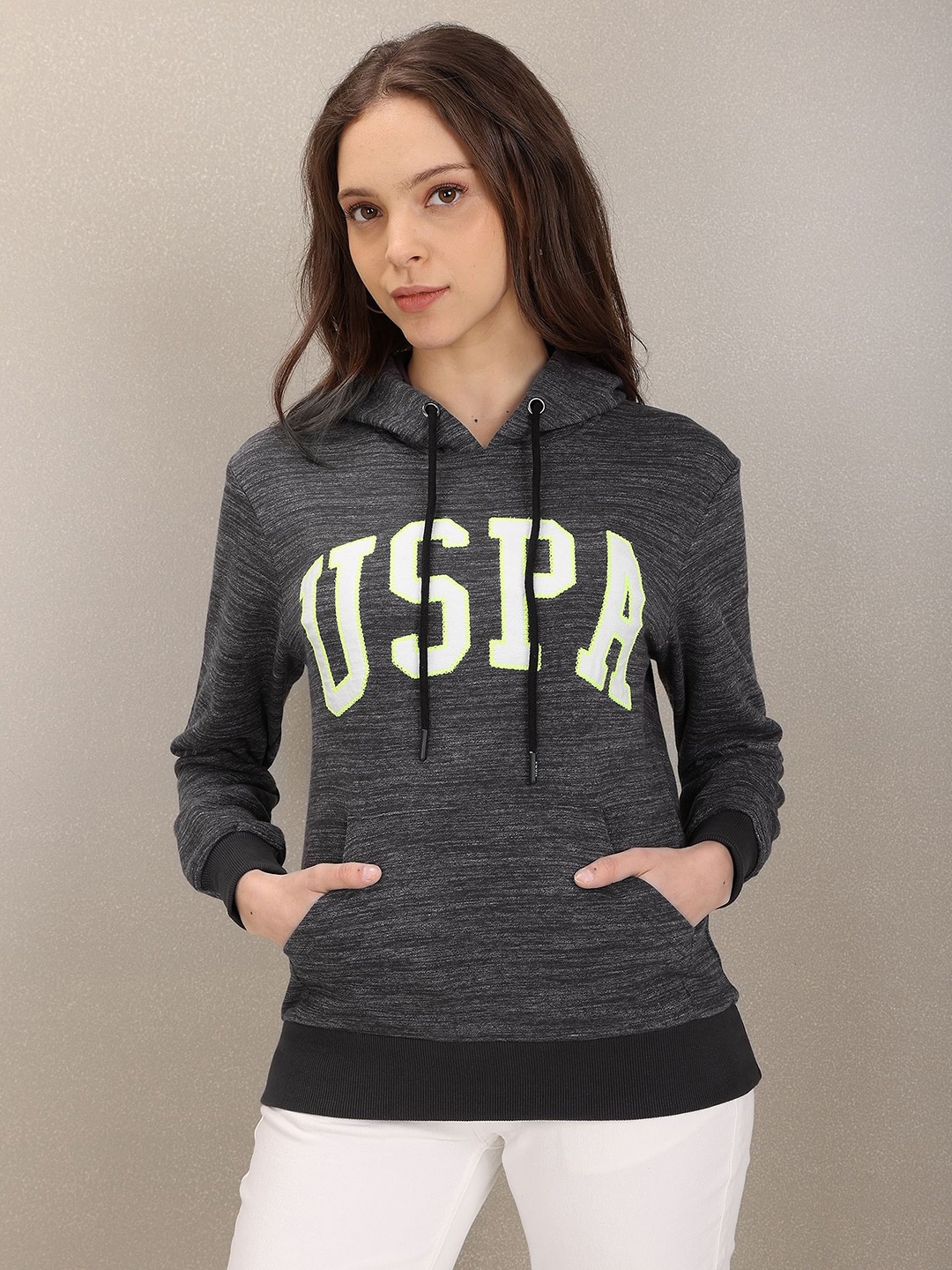 

U.S. Polo Assn. Women Charcoal Grey Printed Hooded Sweatshirt