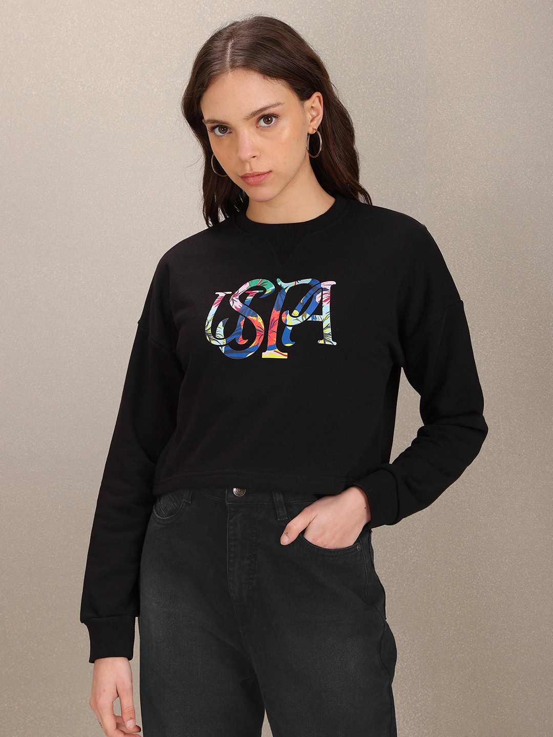 

U S Polo Assn Women Women Black Brand Logo Printed Cropped Sweatshirt