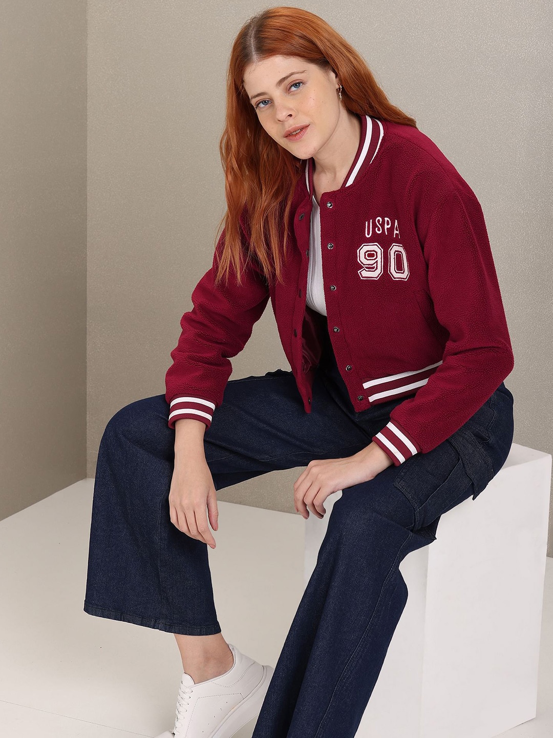 

U S Polo Assn Women Women Maroon Solid Sherpa Varsity Jacket