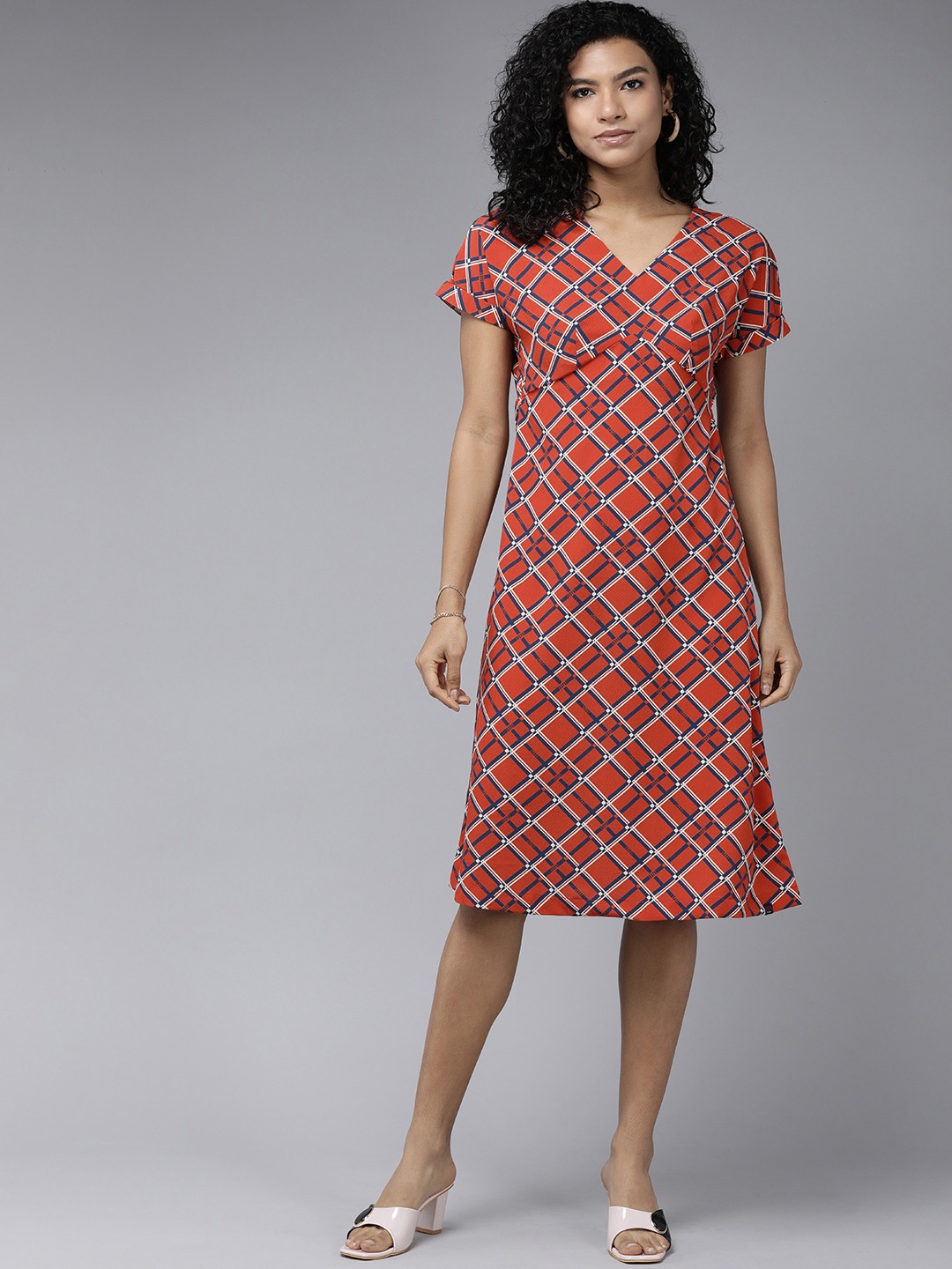 

U.S. Polo Assn. Women Checked Crepe A-Line Dress, Rust