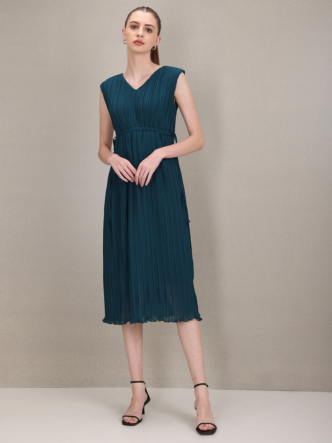 

U S Polo Assn Women Teal Green Accordion Pleated Empire Midi Dress