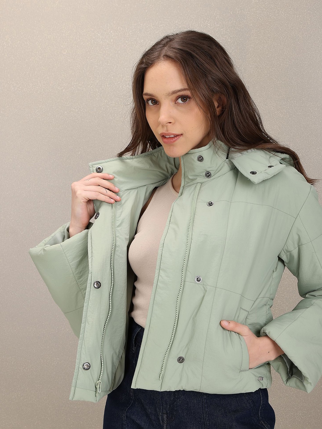 

U.S. Polo Assn. Women Green Solid Hooded Padded Jacket