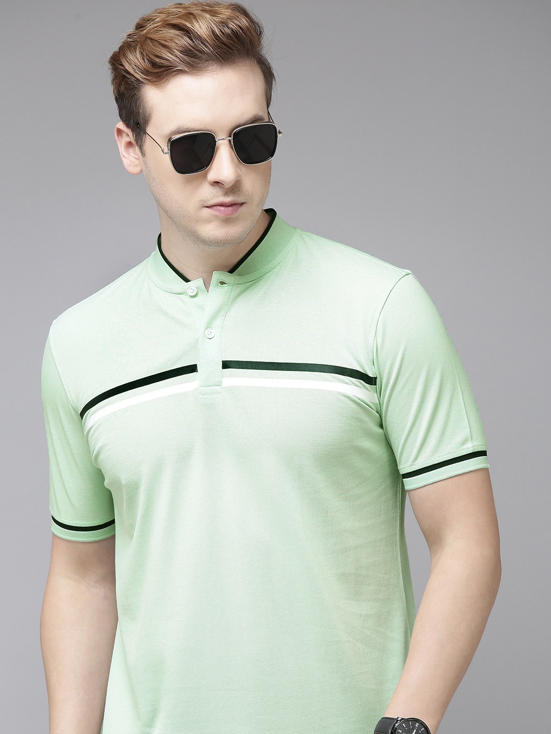 

Van Heusen Sport Men Striped Polo Collar Pure Cotton T-shirt, Green