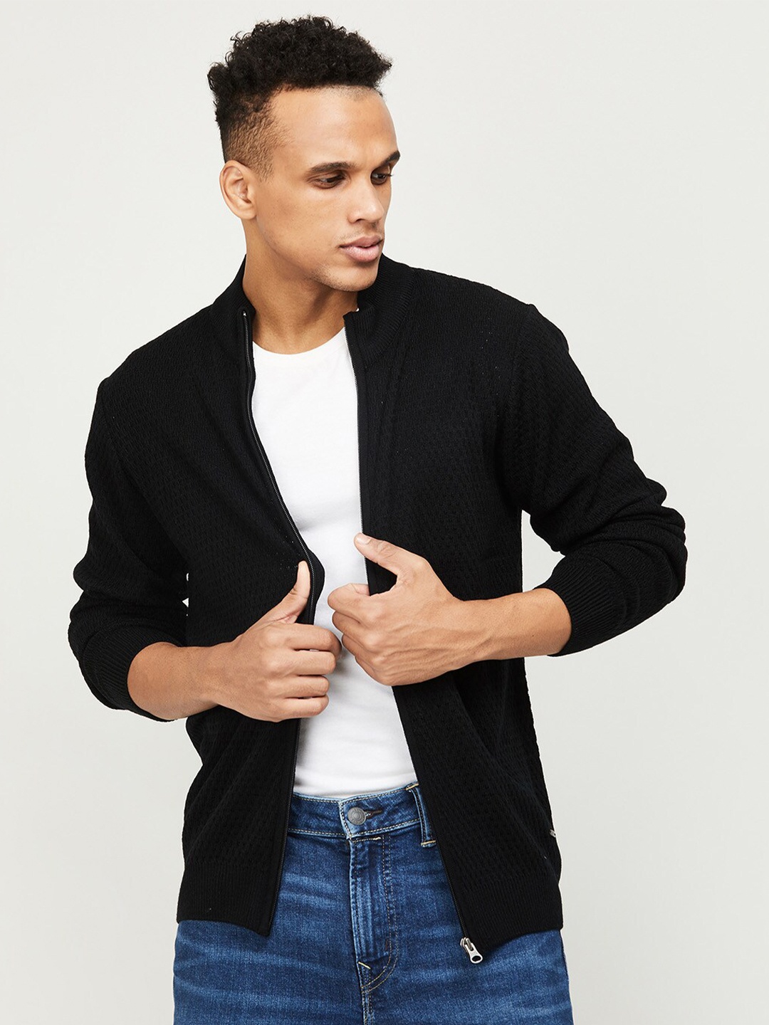 

CODE by Lifestyle Men Self Design Acrylic Front Open Sweater, Black