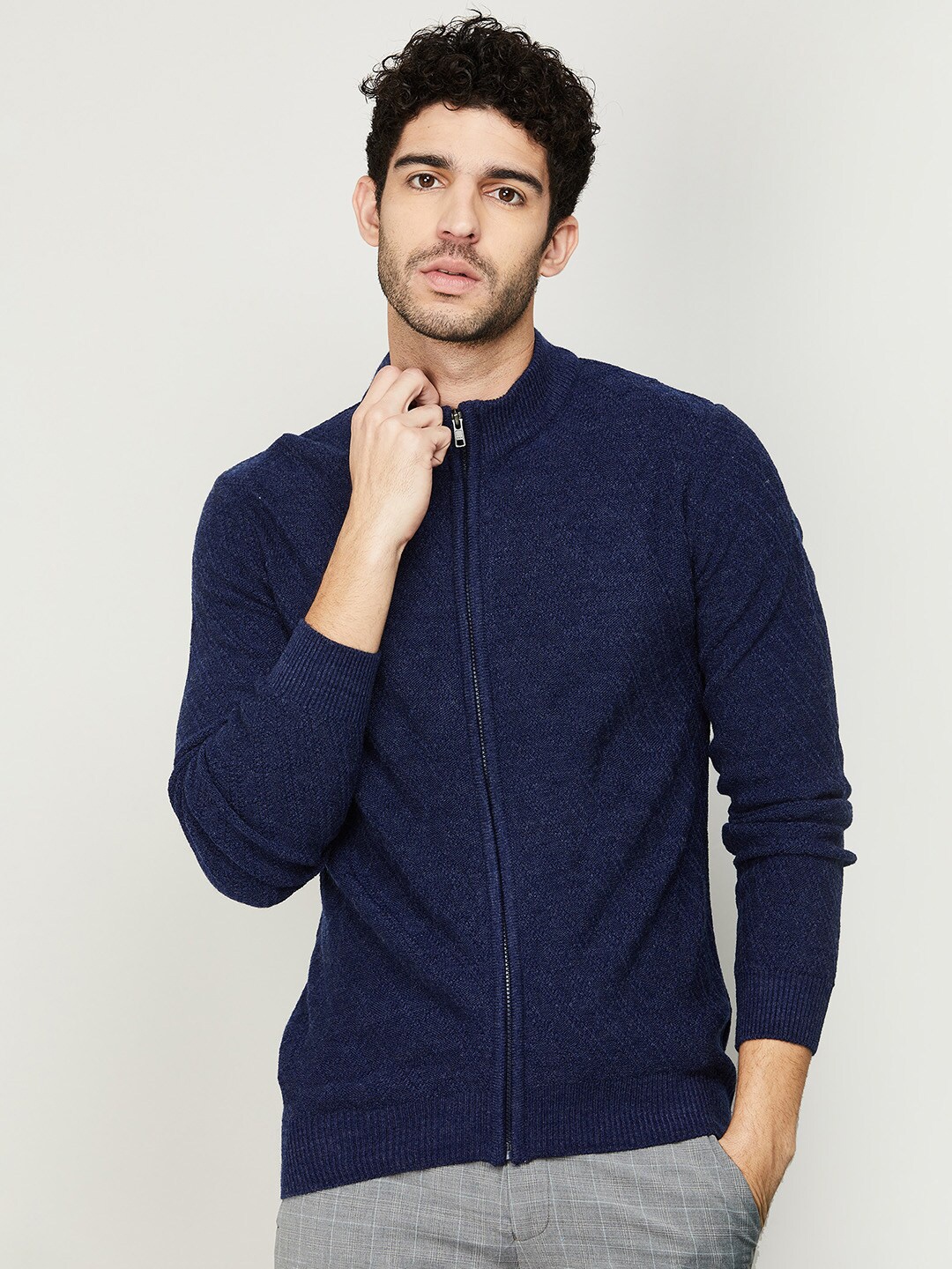 

CODE by Lifestyle Men Self Design Acrylic Front Open Sweater, Navy blue