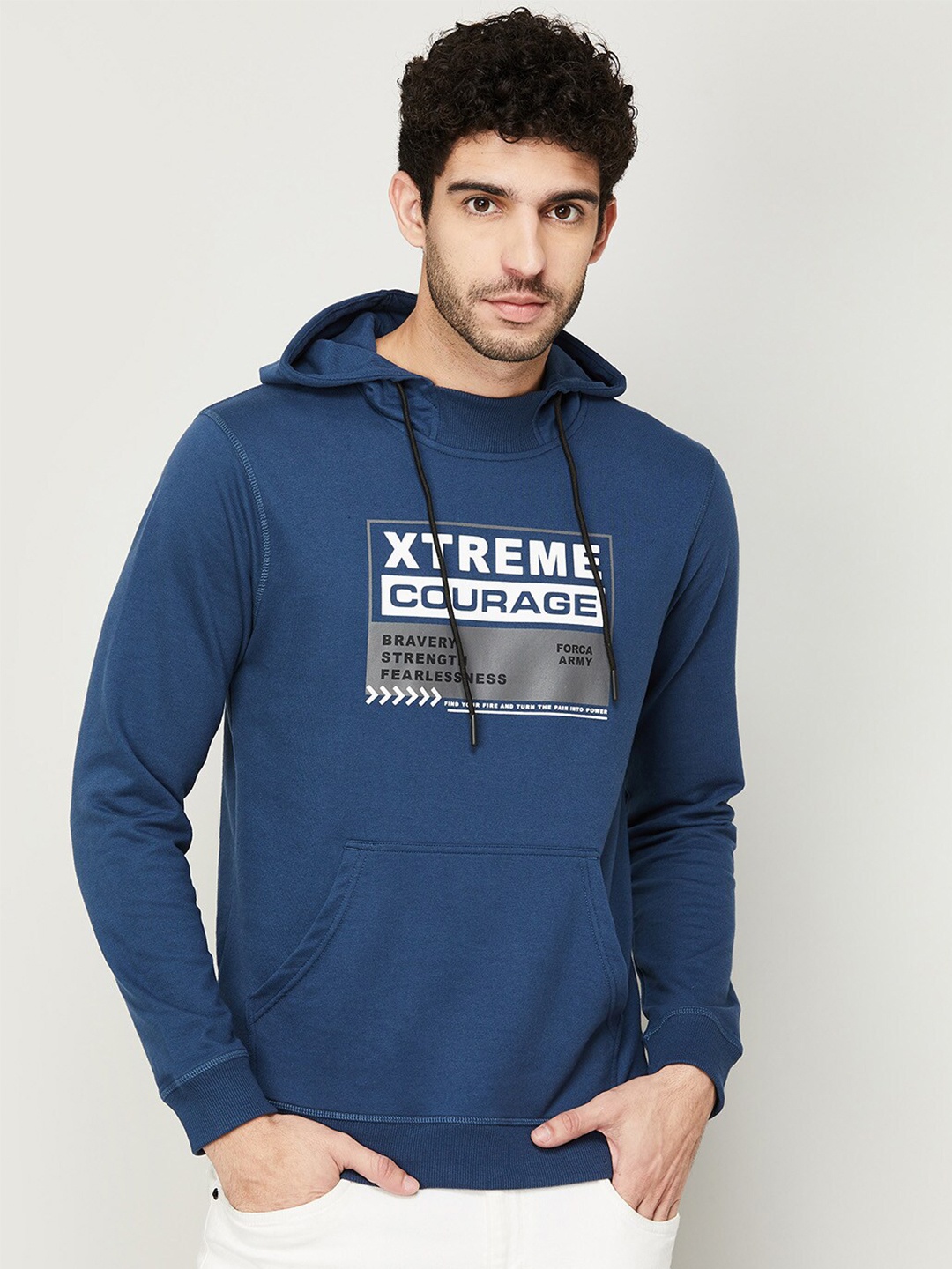 

Forca Men Navy Blue Printed Hooded Sweatshirt