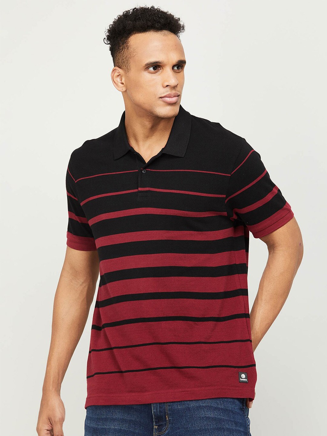 

Bossini Men Red Striped Polo Collar Pure Cotton T-shirt