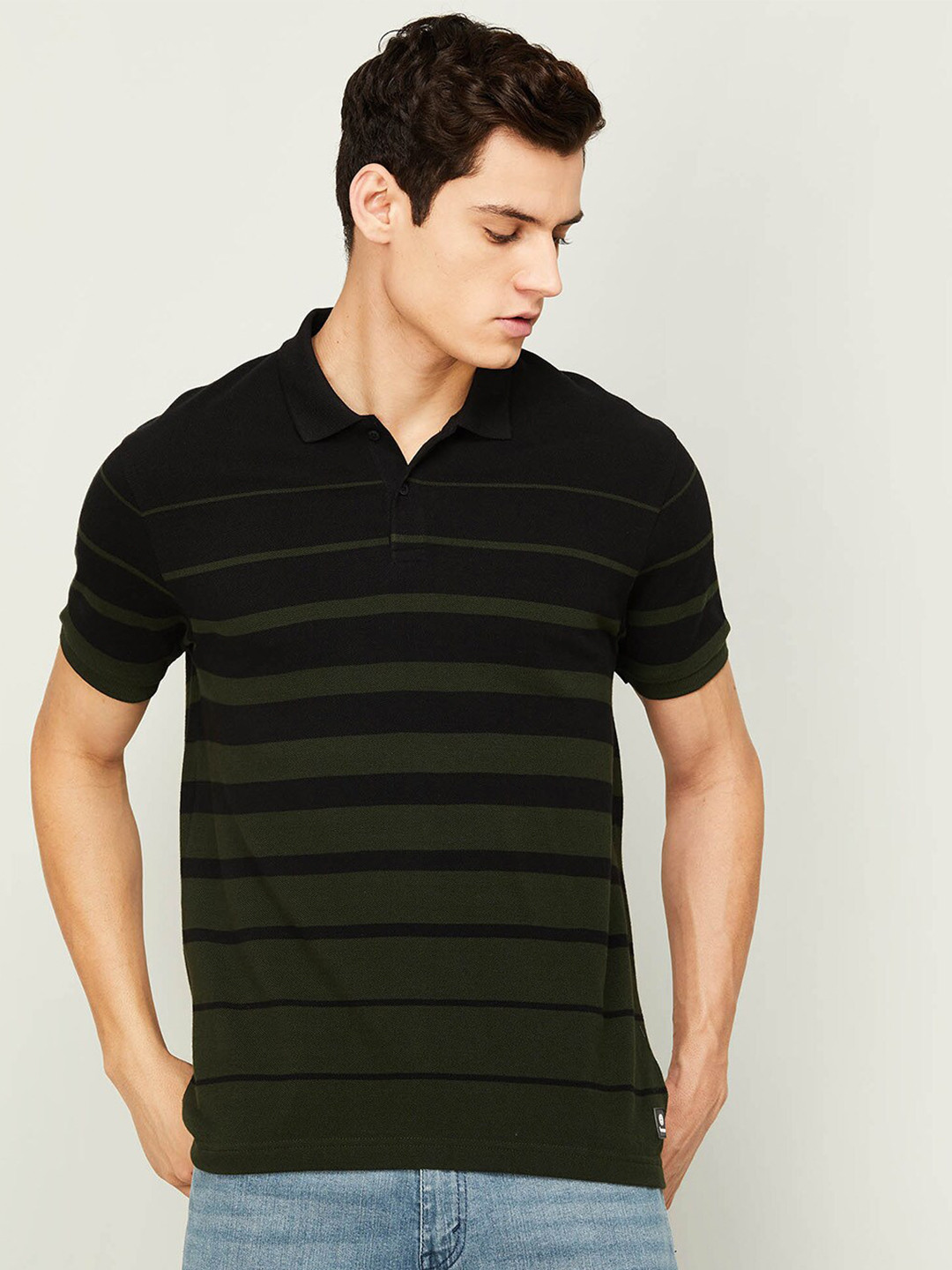

Bossini Men Olive Green Striped Polo Collar Pure Cotton T-shirt