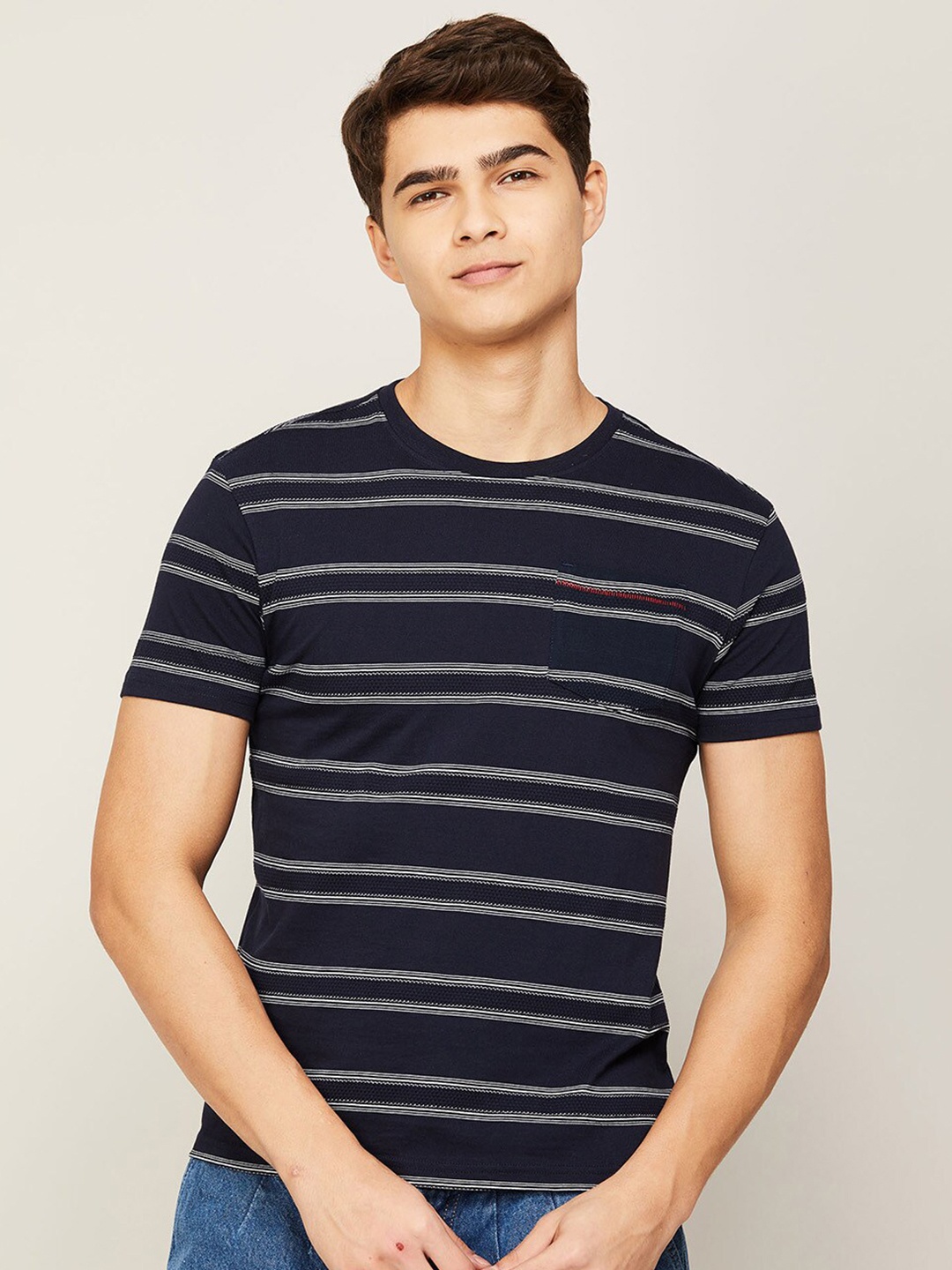 

Fame Forever by Lifestyle Men Navy Blue Striped Pure Cotton Slim Fit T-shirt