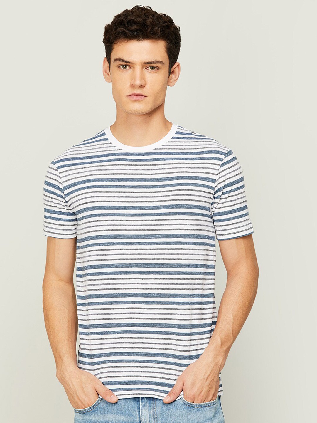 

Fame Forever by Lifestyle Men White Striped Pure Cotton Slim Fit T-shirt