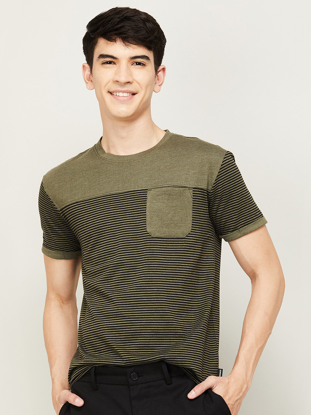 

Fame Forever by Lifestyle Men Olive Green Striped Extended Sleeves T-shirt