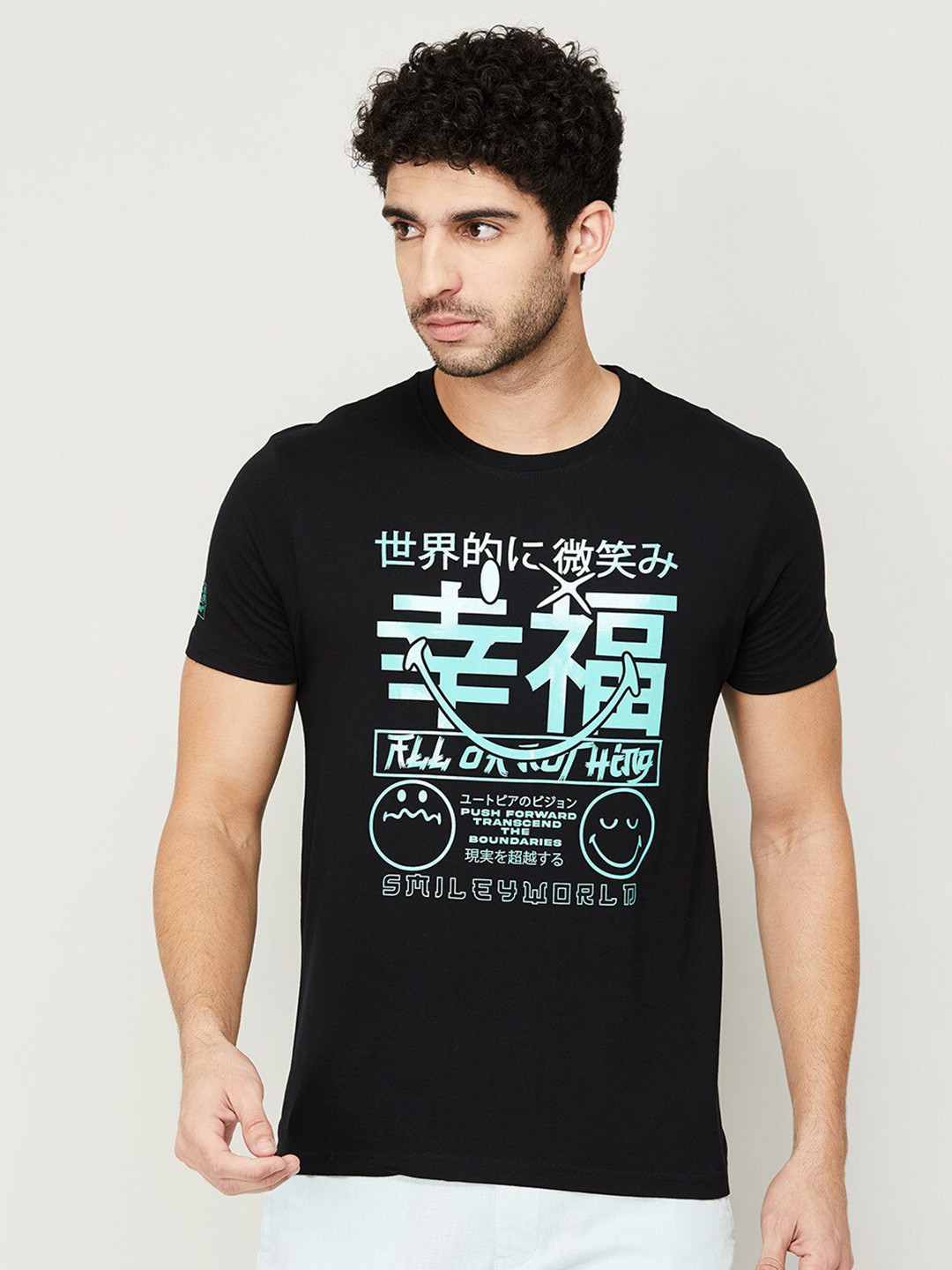 

SmileyWorld Men Black Typography Printed Pure Cotton Applique T-shirt