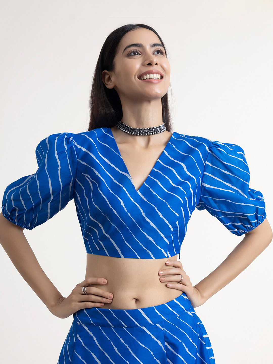 

Pink Fort Blue Print Wrap Crop Top