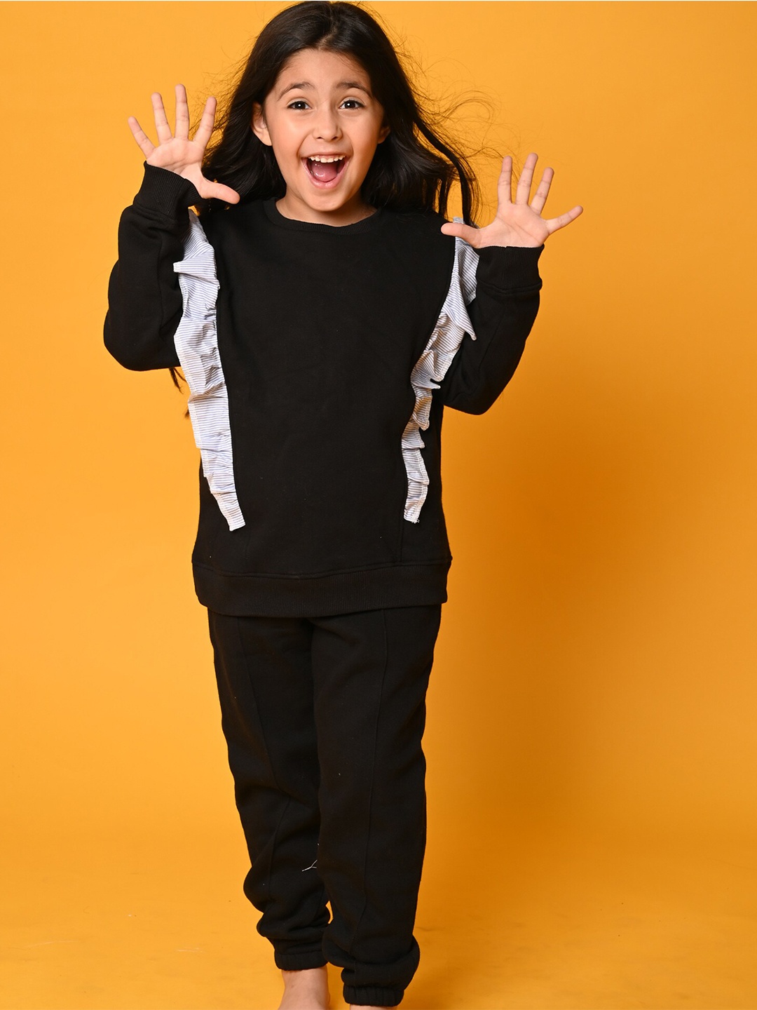 

Anthrilo Girls Black & White Printed Pinstripe Fleece Top with Joggers