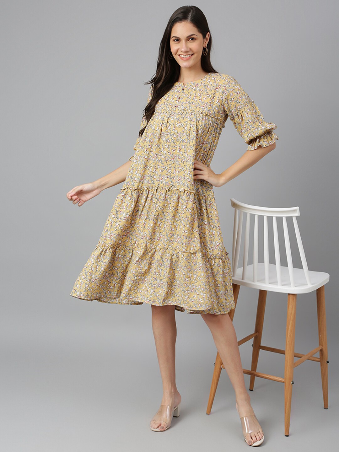 

Kiana Yellow Floral A-Line Dress