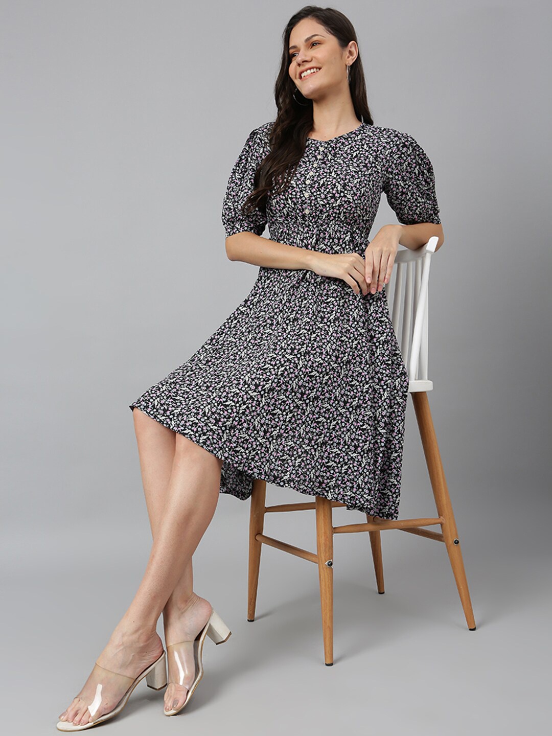 

Kiana Black Floral Empire Dress