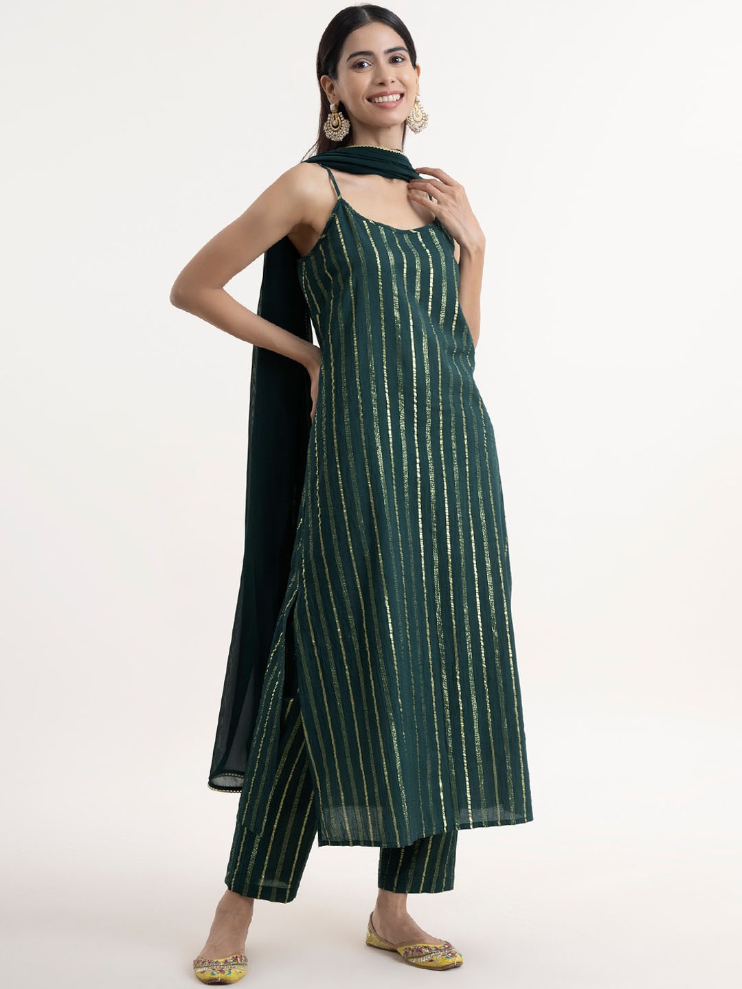 

Pink Fort Women Green Striped Kurta with Trousers & With Dupatta