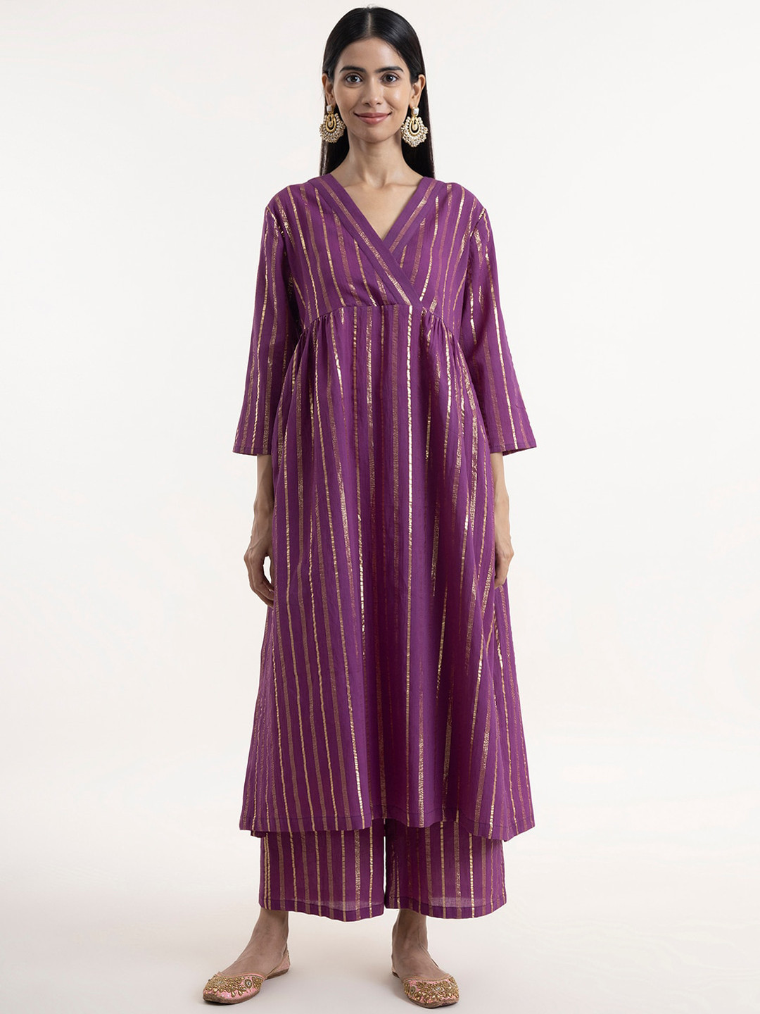 

Pink Fort Women Purple Striped Angrakha Kurta with Palazzos
