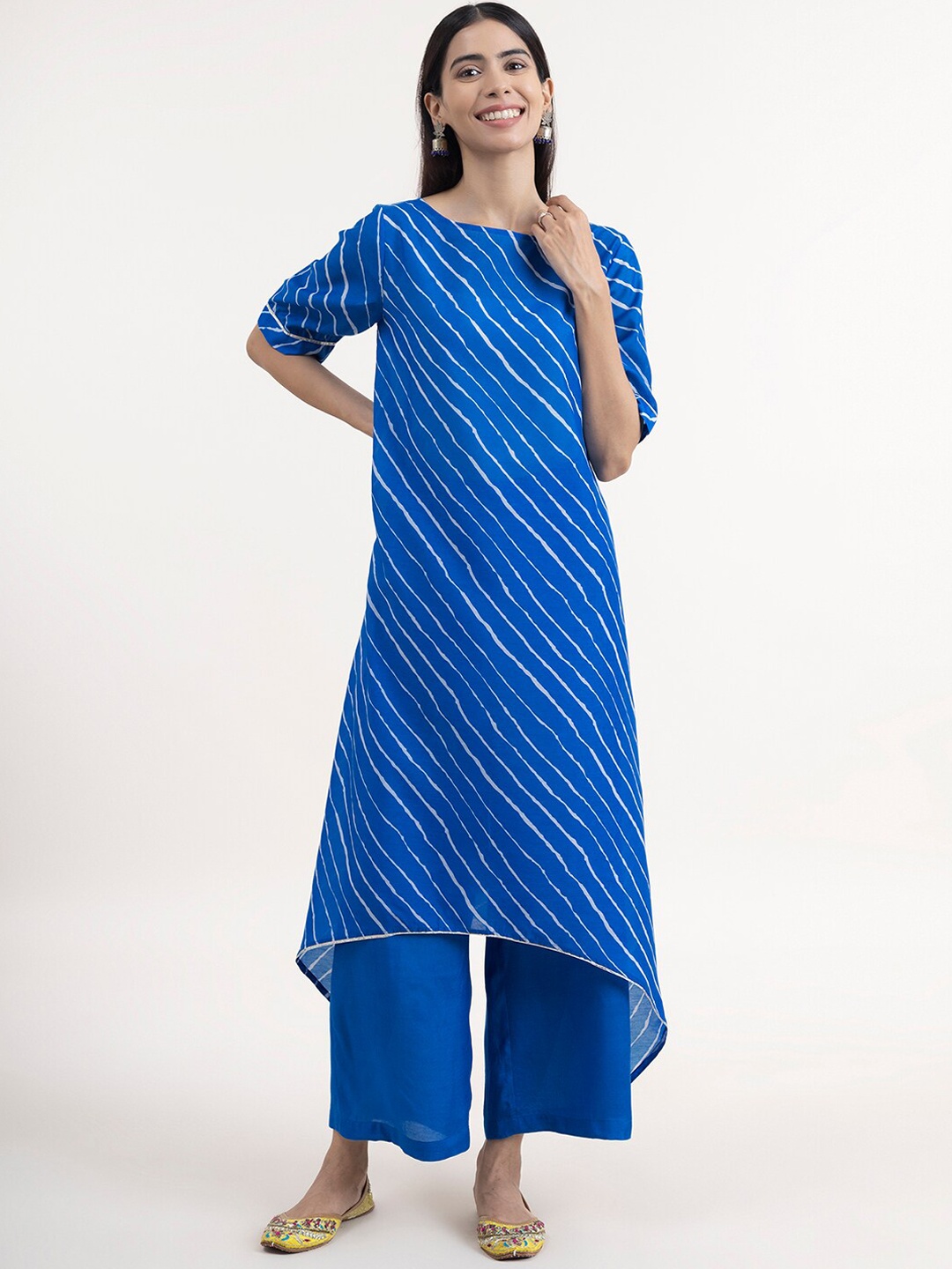 

Pink Fort Women Blue Leheriya Printed Angrakha Kurta with Palazzos