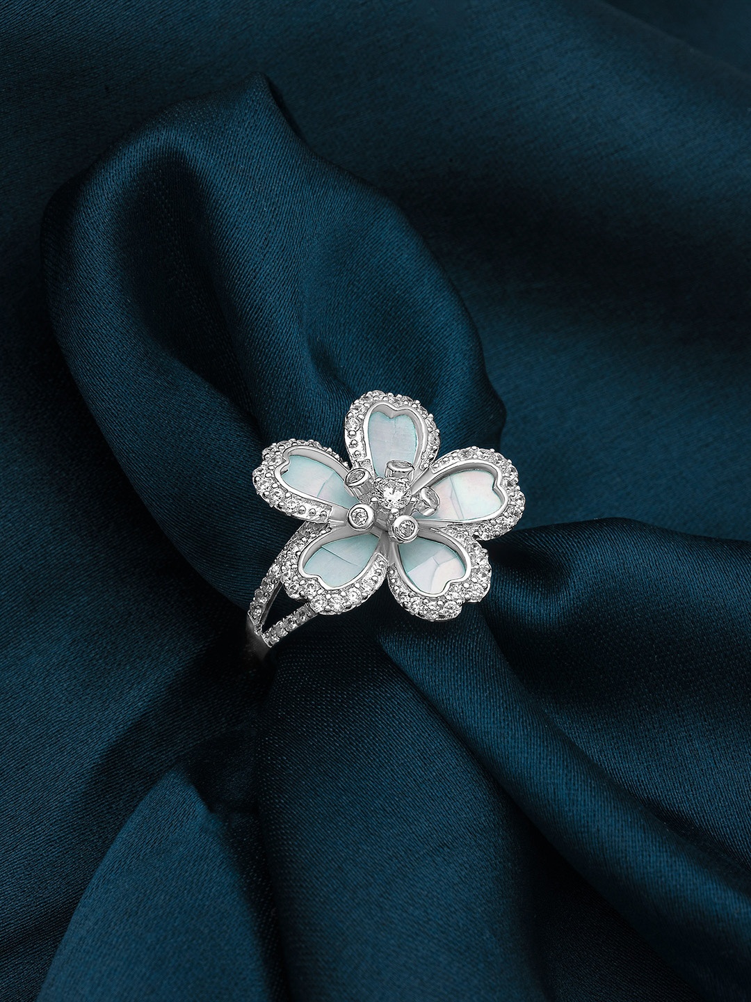 

SILBERRY Rhodium-Plated 925 Sterling Silver CZ Studded Adjustable Finger Ring