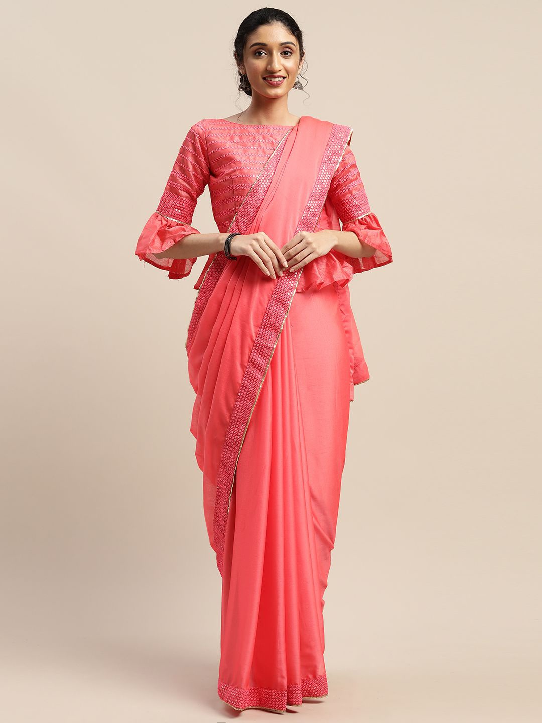 

Somras Mirror Work Poly Chiffon Saree, Pink
