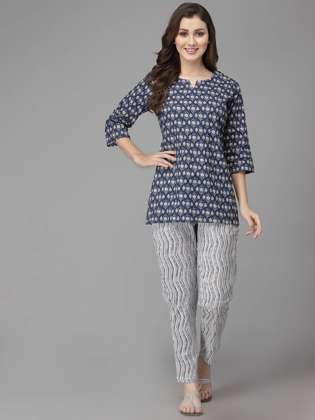 

P3D CREATION Floral Printed Notch Neck Pure Cotton Top with Trousers, Blue