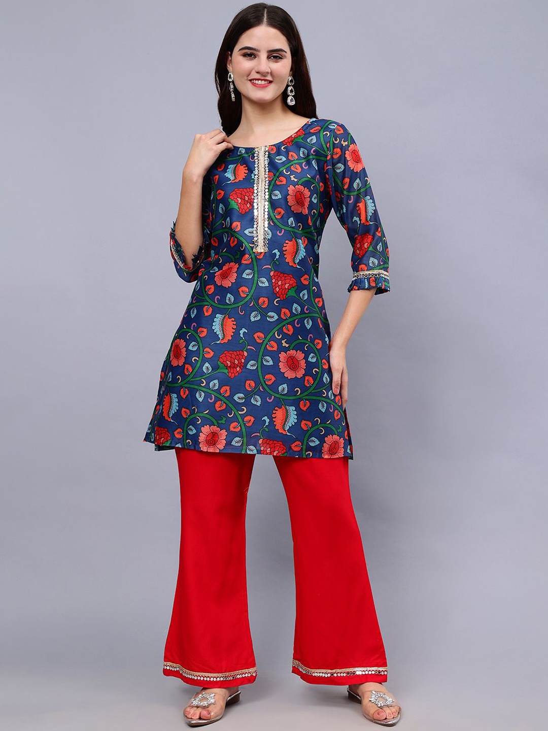 

Frolic Rolic Silk Floral Print Tunic & Rayon Trouser Set, Navy blue
