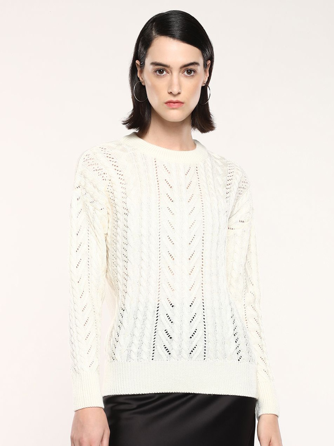 

RAREISM Women Self Design Round Neck Pullover, Off white