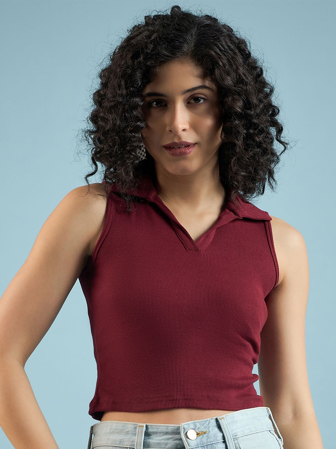 

DressBerry Women Solid Shirt Collar Pure Cotton Top, Maroon