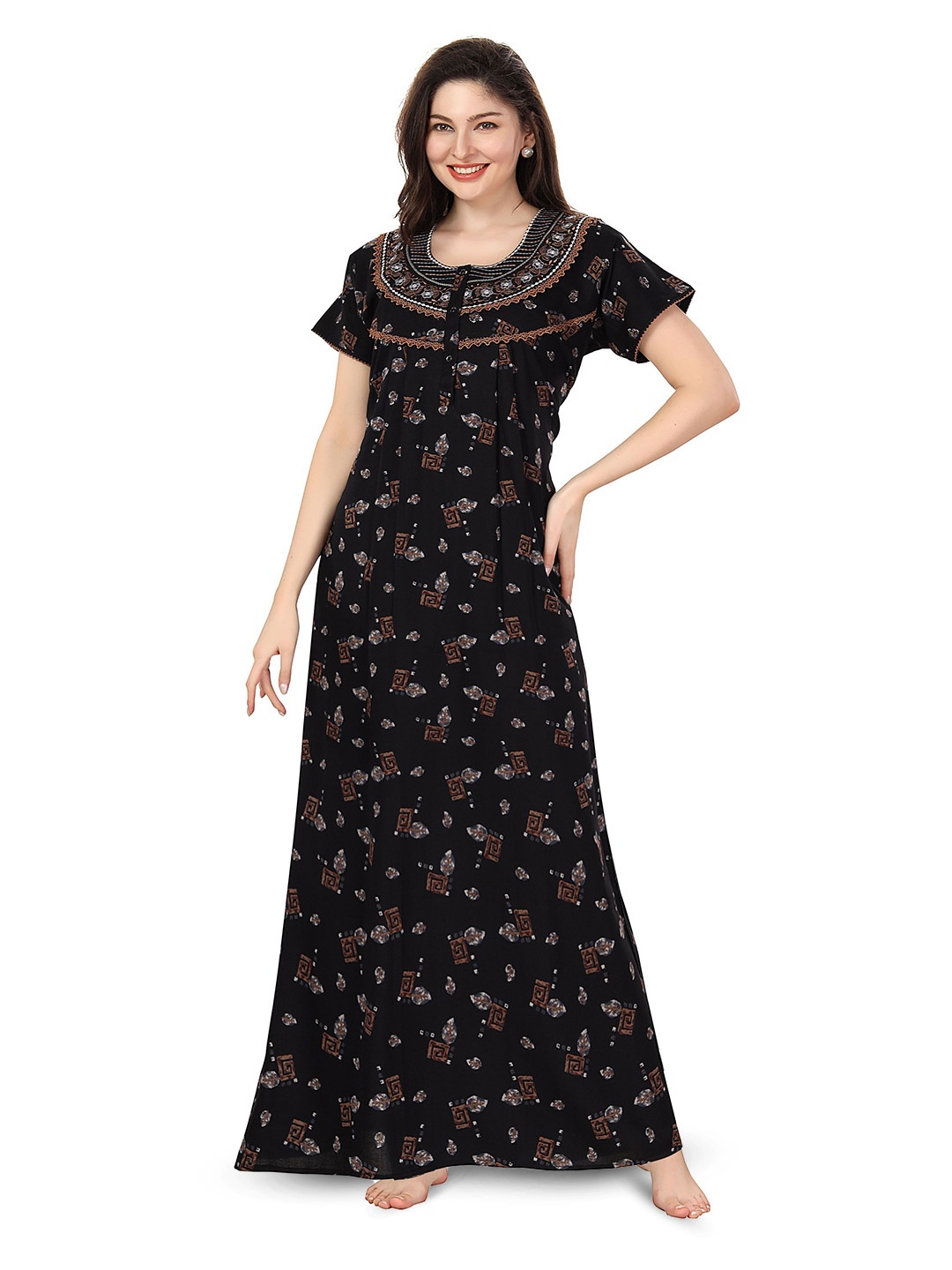 

Soulemo Printed Women Maxi Nightdress, Black
