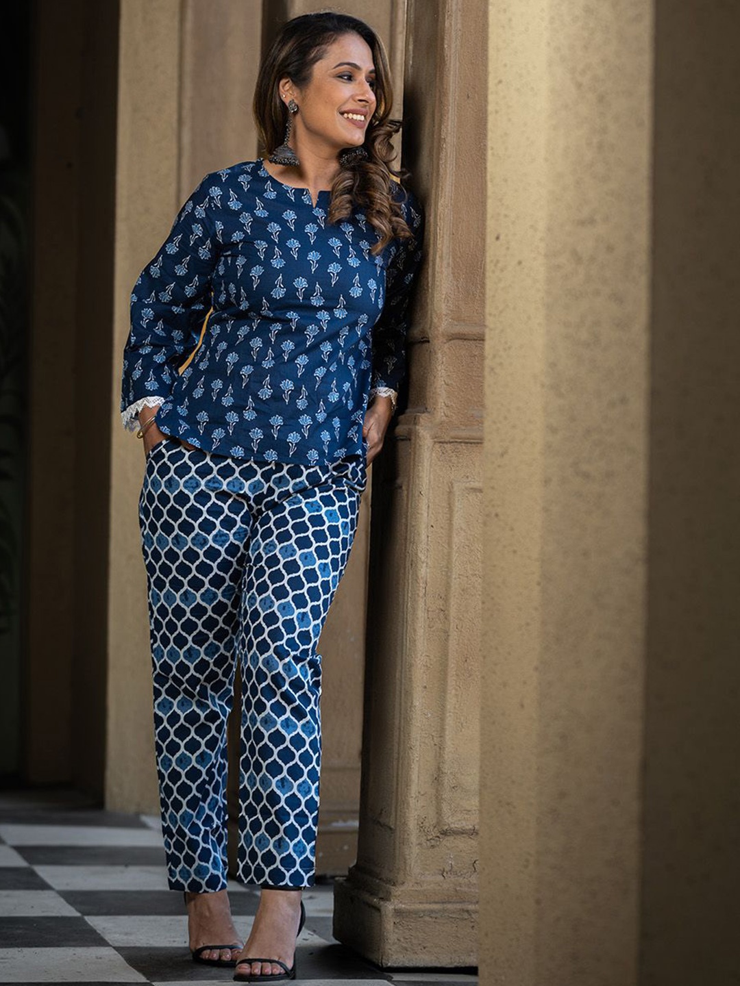 

Kaftanize Freesia Printed Cotton Top With Lace Trims & Trouser Co-ords, Blue