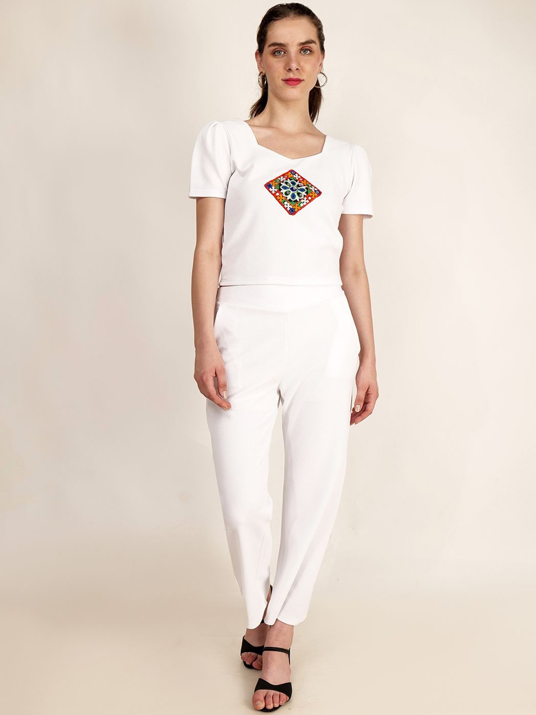 

Frolic Rolic Embroidered Patch Work Knitted Polyester Co Ords Set, White